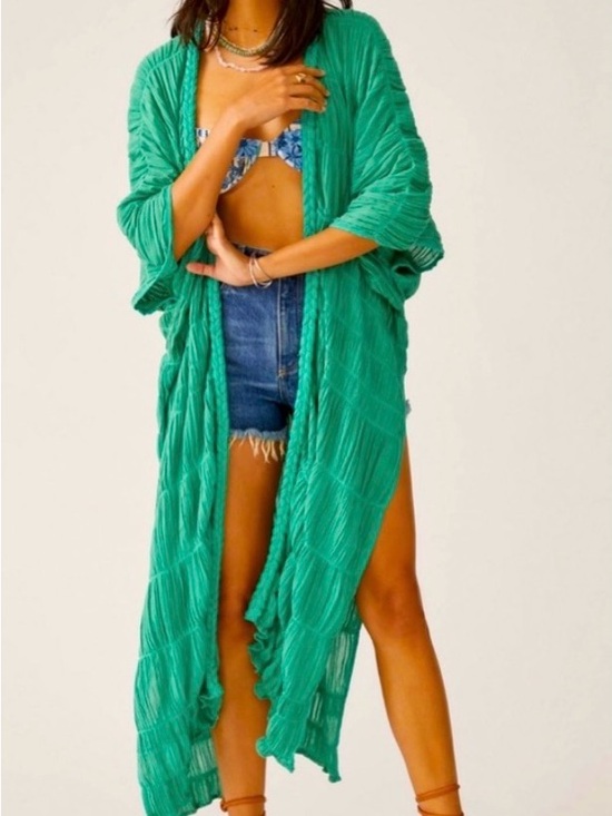 Anthropologie Tops - Anthropologie Maeve Ruched Side-Slit Kimono Green Smocked Top Sz OS